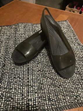 CROCS Women's Black Peep-Toe Slingback Flats